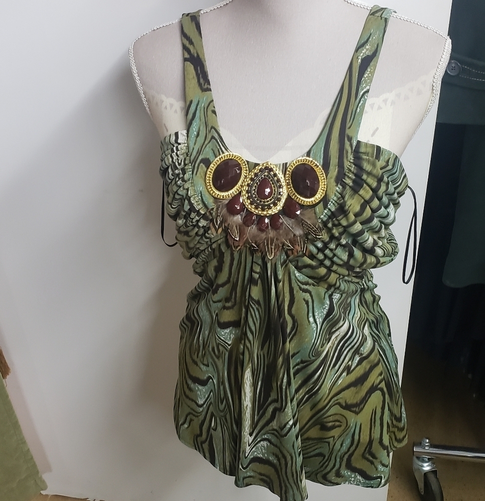 NWOT Linda Segal Print Feather Tank Top - Picture 2 of 9